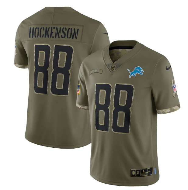Men's Detroit Lions #88 T. J. Hockenson Olive 2022 Salute To Service Limited Stitched Jersey Men's Detroit Lions #88 T. J. Hockenson Olive 2022 Salute To Service Limited Stitched Jersey